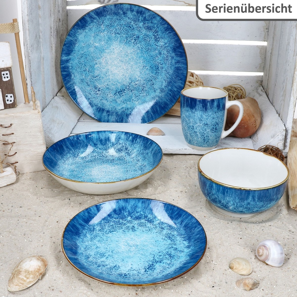 Marina 6er Set Suppenteller blau 450ml Porzellan Teller tief Pasta Ozean maritim