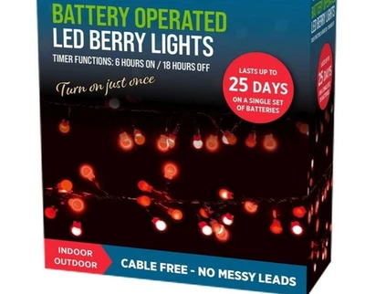 BRIGHT LITES 50 led 4.9m Red Berry Lights LED With Timer Christmas Xmas Tree Battery Operated