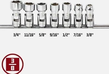 Powerbuilt Universal Joint Socket Set SAE 7 Piece 3/8-Inch Silver w/Rail