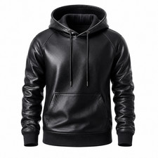 Men's Black Genuine Lambskin Leather Hoodie Jacket Handmade Biker Hooded Coat
