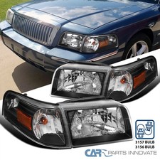Black Fits 2006-2011 Mercury Grand Marquis Headlights+Corner Signal Lamps Pair