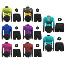 Kids Girls Suit Figure Skating Set Training Outfit Shiny Rhinestone Unitard