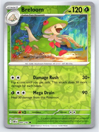 2025 POKEMON BRELOOM DESTINED RIVALS 006/182 REVERSE HOLO C NM A72352 FREE S&H