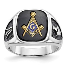 Real 14Kw & Gold-plated Men's Textured w/ Black Enamel & Onyx Masonic Ring S:10
