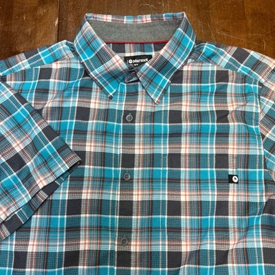 Marmot Button Down Mens Large Turquoise Plaid Short Sleeve Technical Shirt