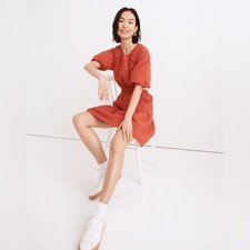 Madewell Seersucker Puff-Sleeve Cutout Mini Dress in Fresh Chili