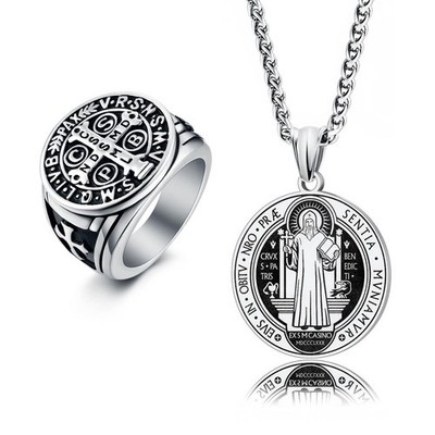 LAOYOU 2Pcs Saint Benedict Pack St. Benedict Ring and Medal Necklace for Men ...