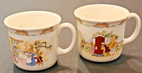 Vintage Bunnykins 2 Mugs Royal Doulton Bone China Bunnies Sending Letter Cooking