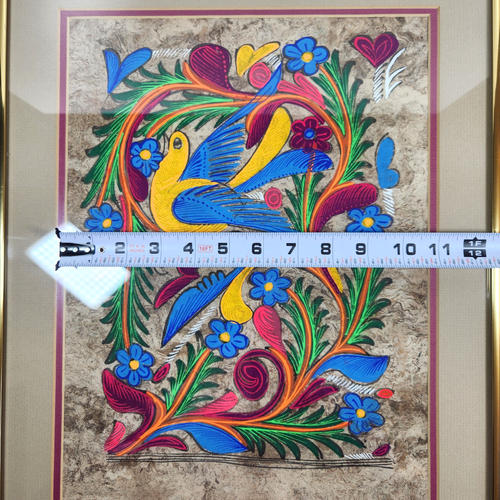 Vtg Mexican Amate Bark Painting Blacklight Folk Art Bird Flowers Framed 15x19 - Picture 12 of 16