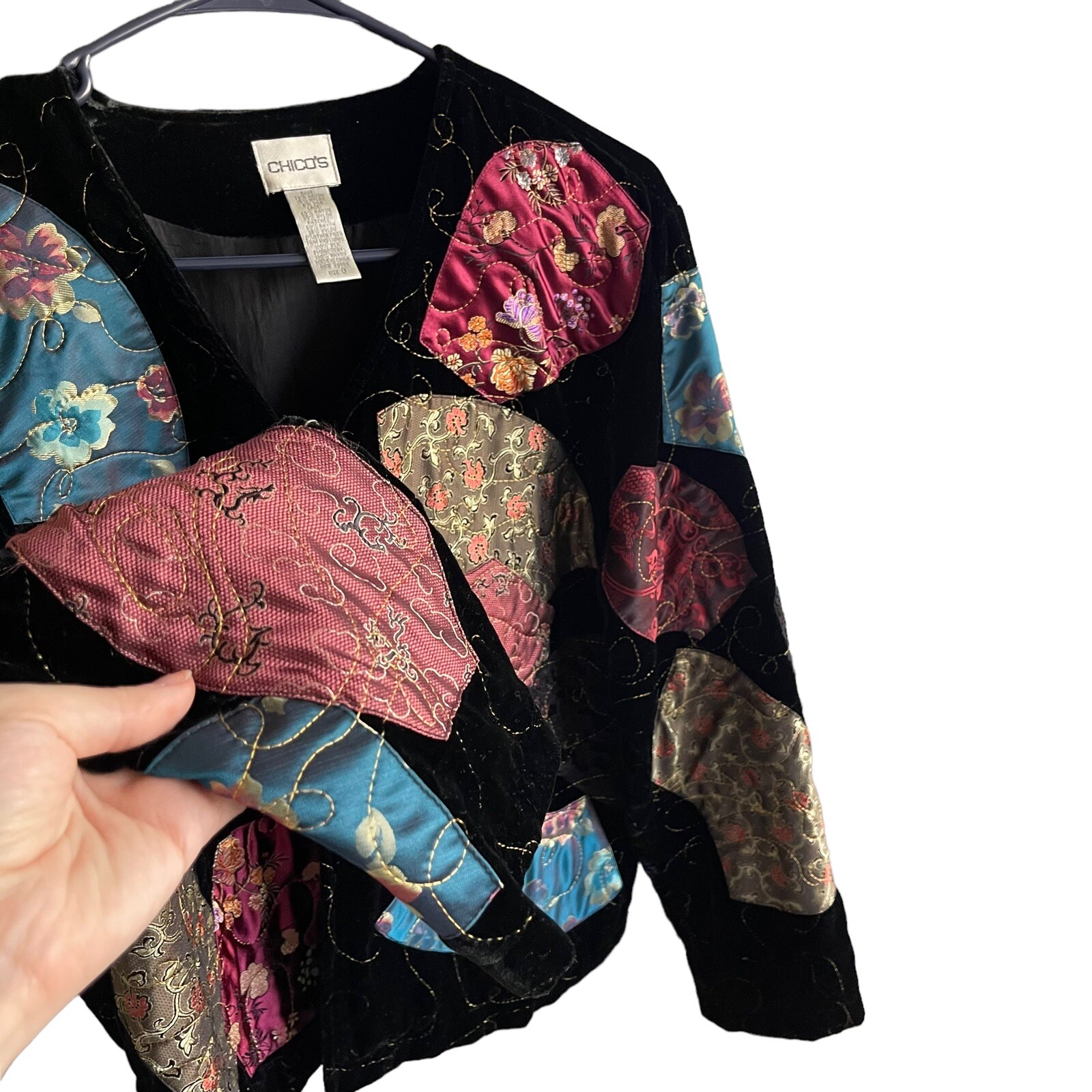 EUC Chico's Black Velvet Jacket Patchwork Lace Fl… - image 2