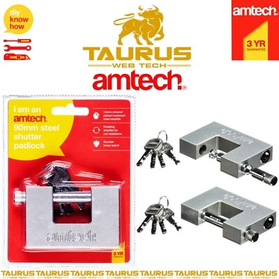 AMTECH-TOOLS AMTECH 90mm Steel Shutter Padlocks Heavy Duty Container 4 Keys Safe Shackle UK