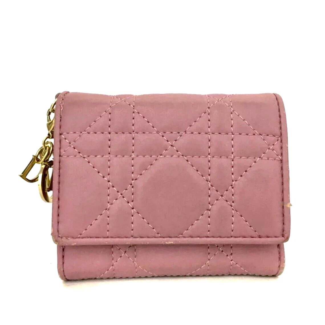 Authentique Portefeuille Christian Dior Cannage Cuir Compact Triple avec Breloque