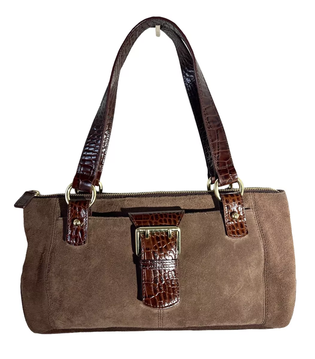 Ralph Lauren Handbag, Brown Suede, Croc Embossed Leather Handbag