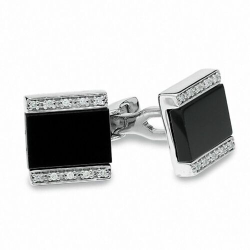 Square Shape Deep Black Onyx With Round Cut White CZ Square Fine Men's Cufflinks - 第 1/3 張圖片