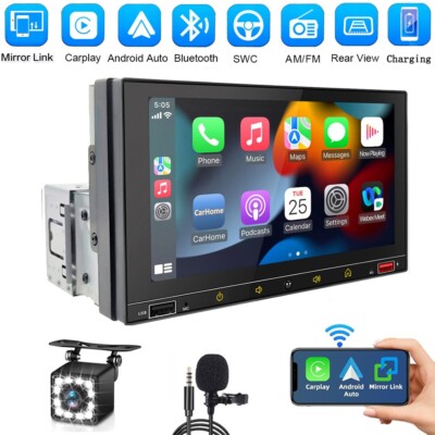 1 Din Car Head Unit 7'' Touch Screen Radio Stereo Audio with Carplay +Backup Cam