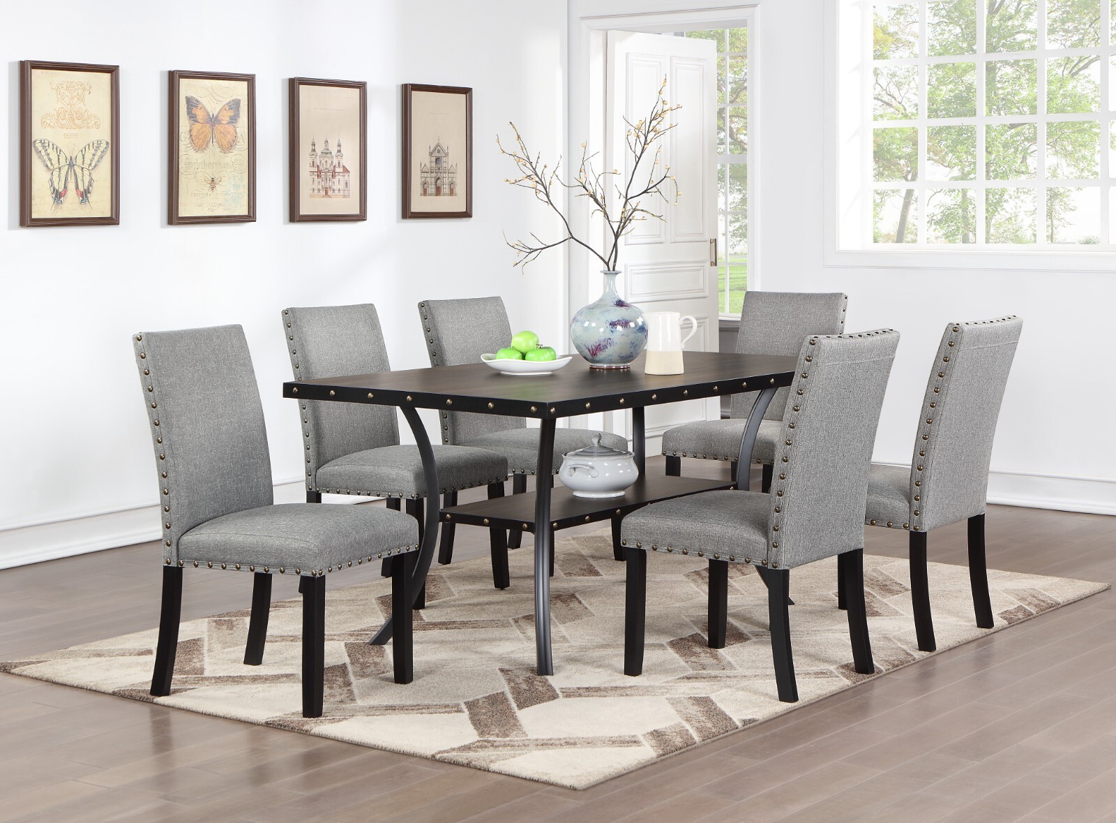 Classic 7 Pc Dining Set Table Chair Grey Fabric Nail Heads Dining Room