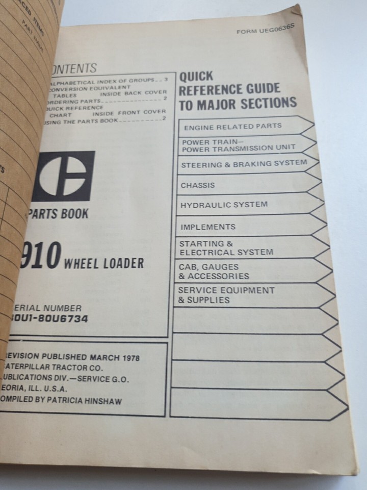Caterpillar 910 Wheel Loader parts Book Genuine CAT 80U1 TO 80U6734
