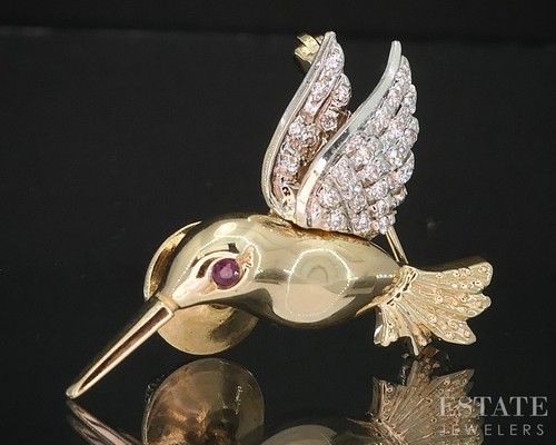 18k Yellow & White Gold Natural Ruby Diamond Hummingbird Pin Brooch 5.1g i19314 - Picture 2 of 5