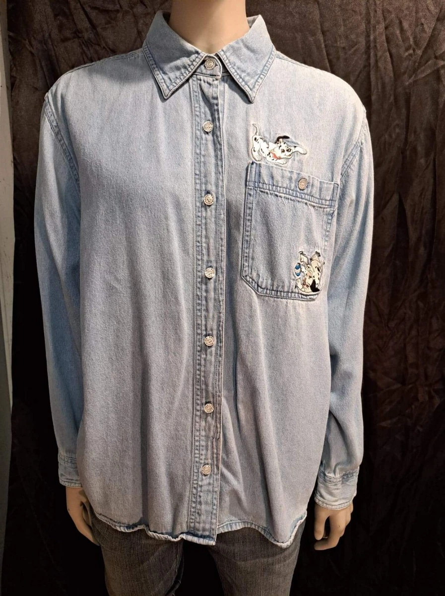 Vtg Disney Store Embroidered Denim Shirt Women s Sz M Blue 101 Dalmations