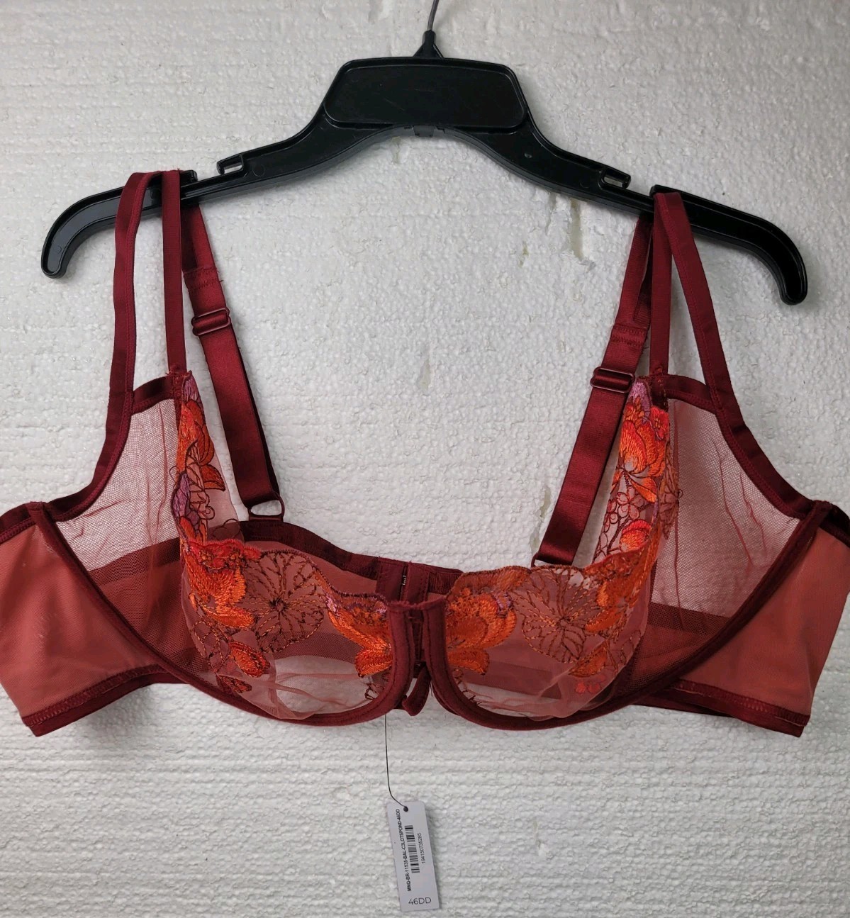 Adoreme Embroidered  Floral Burgundy  Brs Unlined Underwired Mesh NWT 46DD