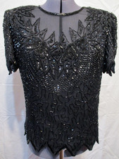 VTG 90's Laurence Kazar Sz Large Black Beaded Silk Top Short Sleeve -Glamorous