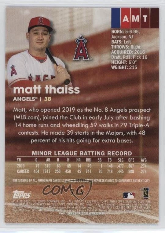 2020 Topps Stadium Club Auto Orange /5 Matt Thaiss #AMT Rookie Auto RC - Image 2 of 2