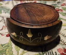 Wooden Coaster Set With Brass Inlay Set Of 6 Handmade Leaf Motif