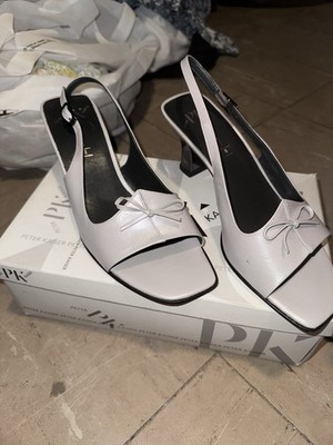 Peter Kaiser Light Gray Leather Slingback Block Heel Bow Square Toe