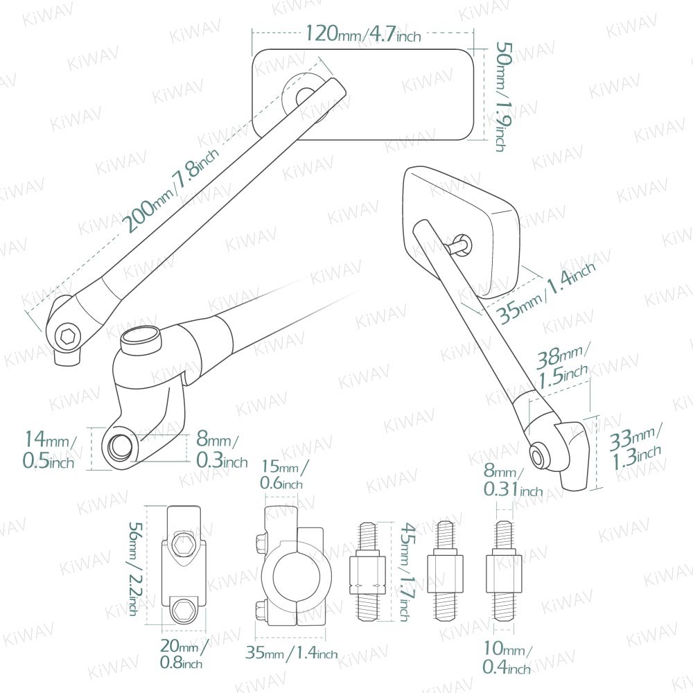 KiWAV chrome mirrors ClassicPlus with clips for 7/8" 22mm handlebars mount