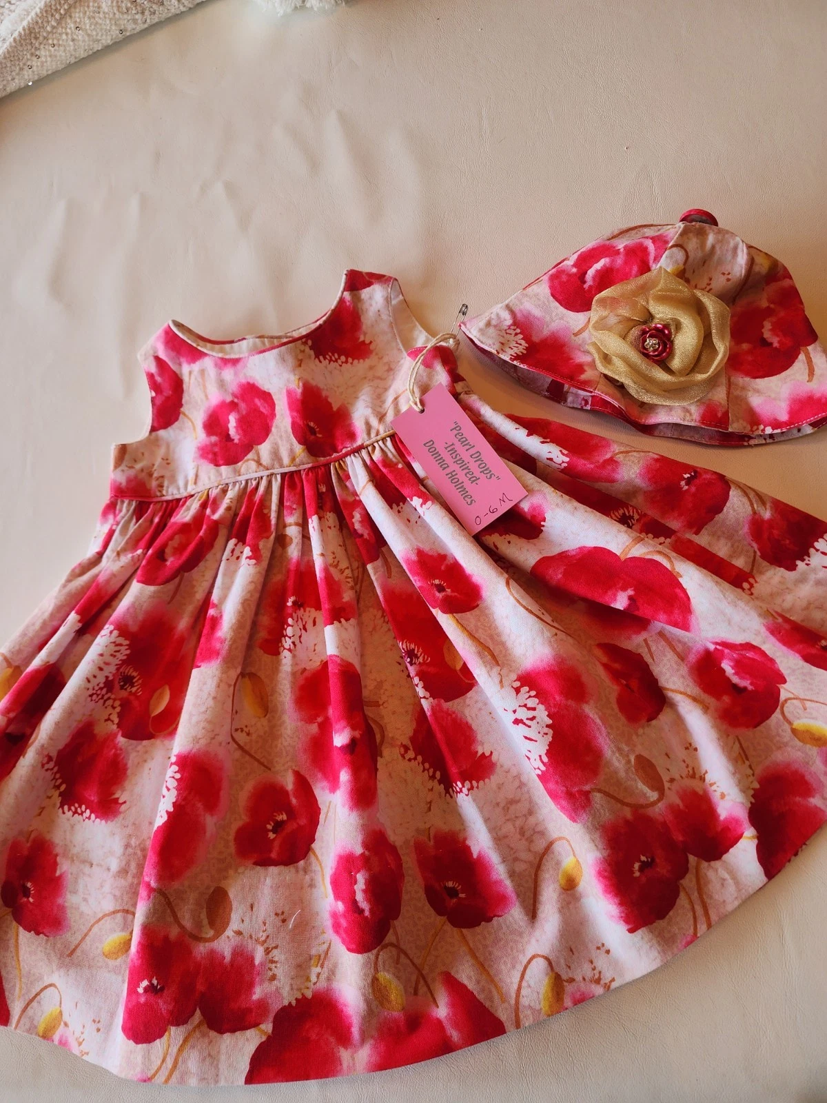 New, one of a kind, Infant 0-6M Dress & Hat, Floral, quality made by seller.