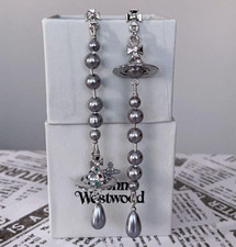 Vivienne Westwood Long Pearl Earring Silver Gray Orb Drop with drawstring NoBox
