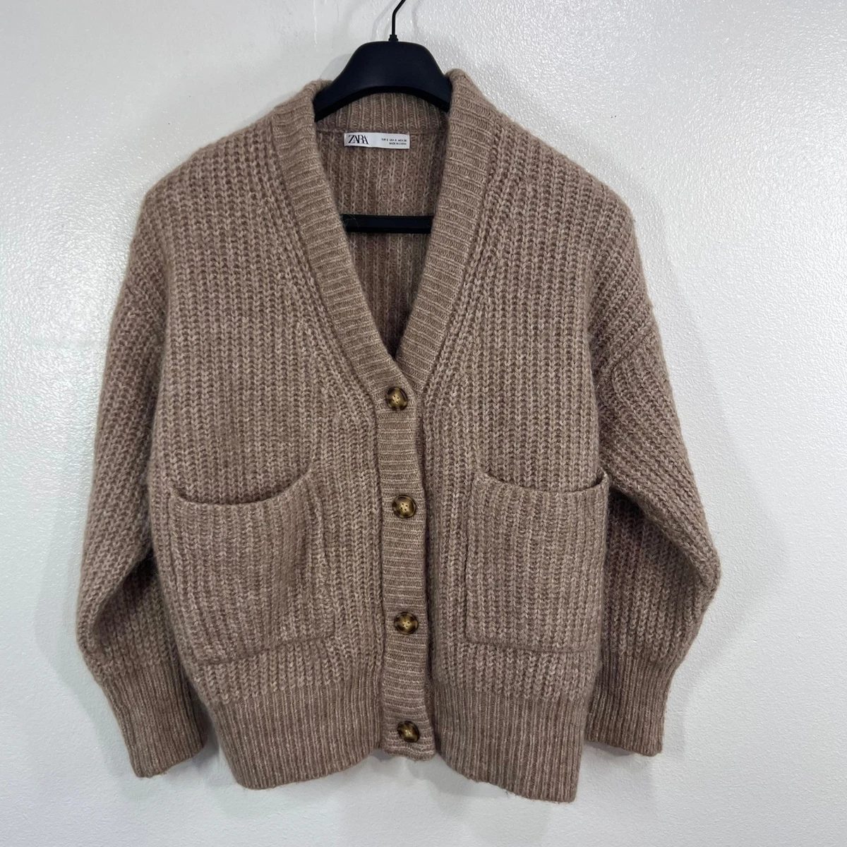 Zara Women's Small Camel Brown Alpaca Wool Blend Oversized Knit Cardigan Sweater