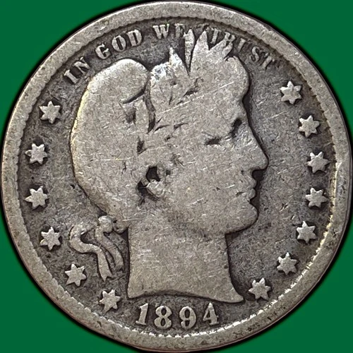 1894-S Barber Quarter Choice Good G+ Coin, Rim Bump #35540