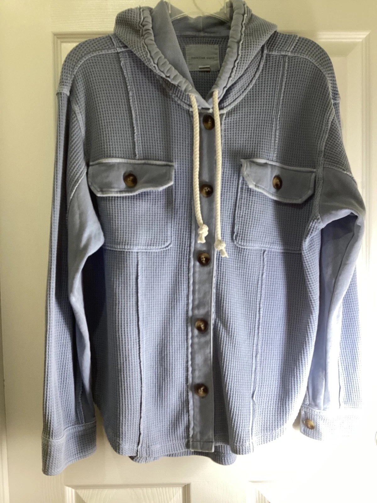 American Eagle Shacket Oversized Waffle Knit Thermal Hoodie Sweatshirt ~XS~ Blue