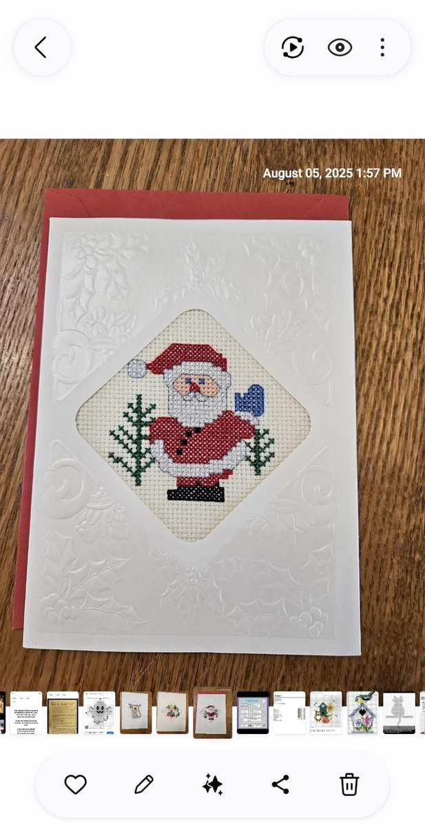 Completed Counted Cross Stitch Santa Greeting Card