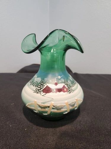 FENTON MINT GREEN PLEATED GLASS VASE w WINTER CABIN SCENE