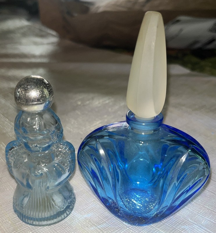 Lot Of 2 Blue Glass Avon Perfume Bottles Angel