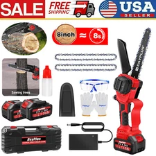 8" Cordless Large Electric Chainsaw Handheld Chain Saw Battery Power Wood Cutter