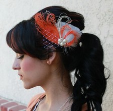 Fascinator feather clip orange ivory cream peacock bridal photo prop headdress