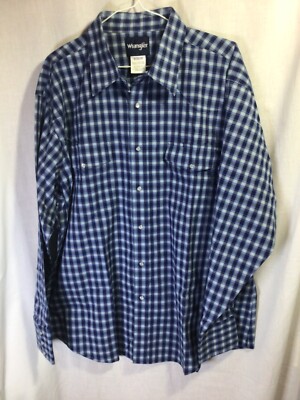 Wrangler Blue Plaid 2XL Long Sleeve Cotton Blend Western Pearl Snaps B13