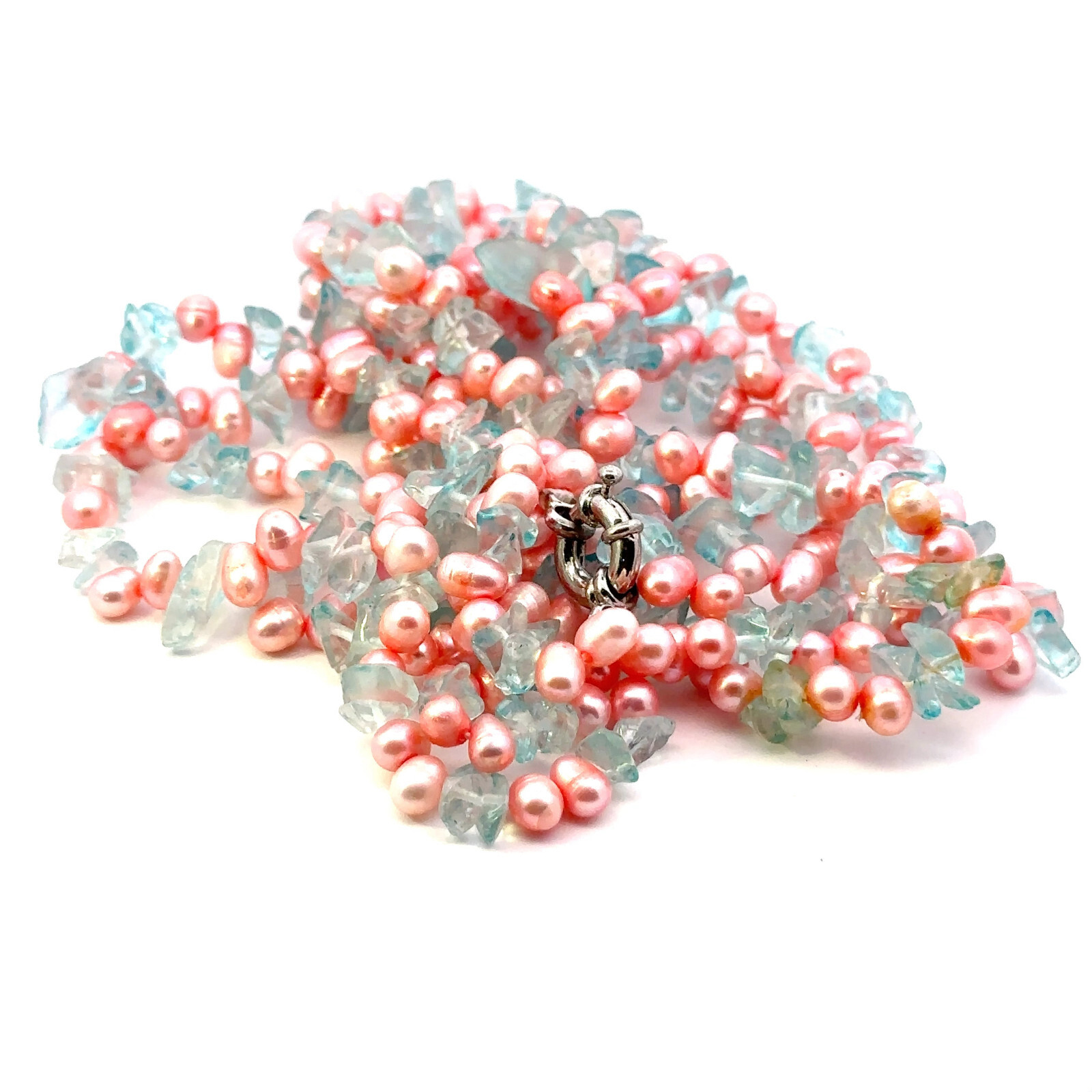 3-Strand Pink Baroque Pearl & Aquamarine Stone Necklace-image