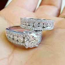 3.00Ct 14k White Gold Plated Lab Created Round Cut Diamond Bridal Ring Band Set