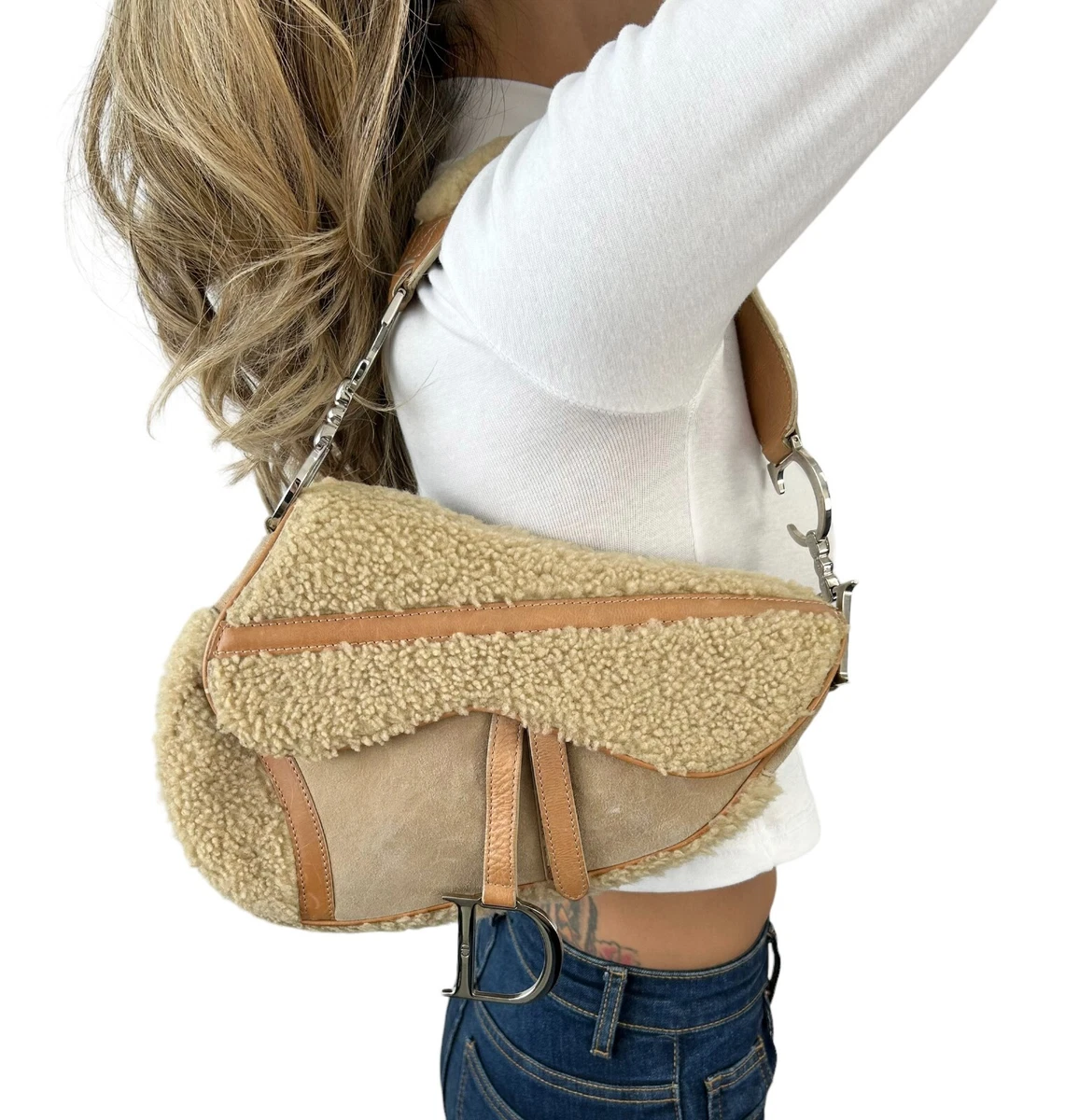 Christian Dior Vintage CD Logo Saddle Bag Boa Brown Beige Leather