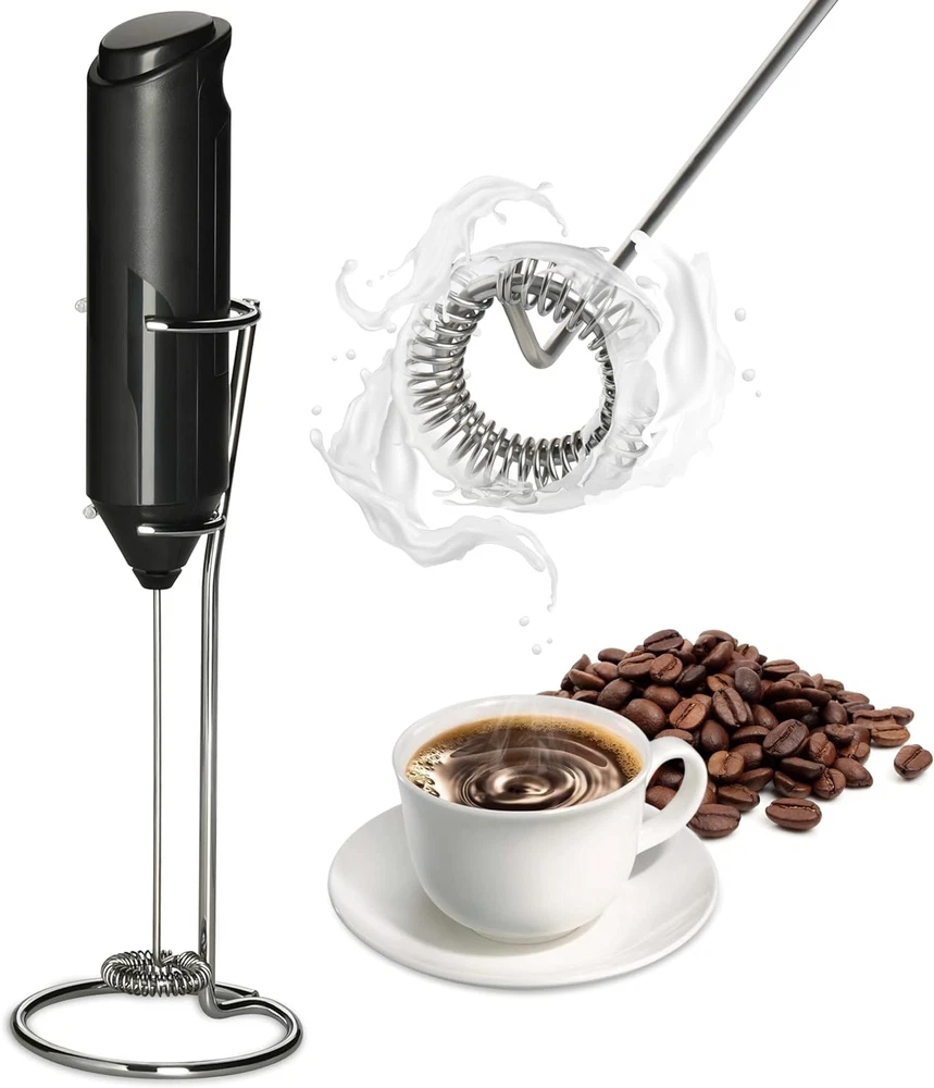 Milk Frother Handheld with Stainless Steel Stand, Battery Operated Whisk Maker H
