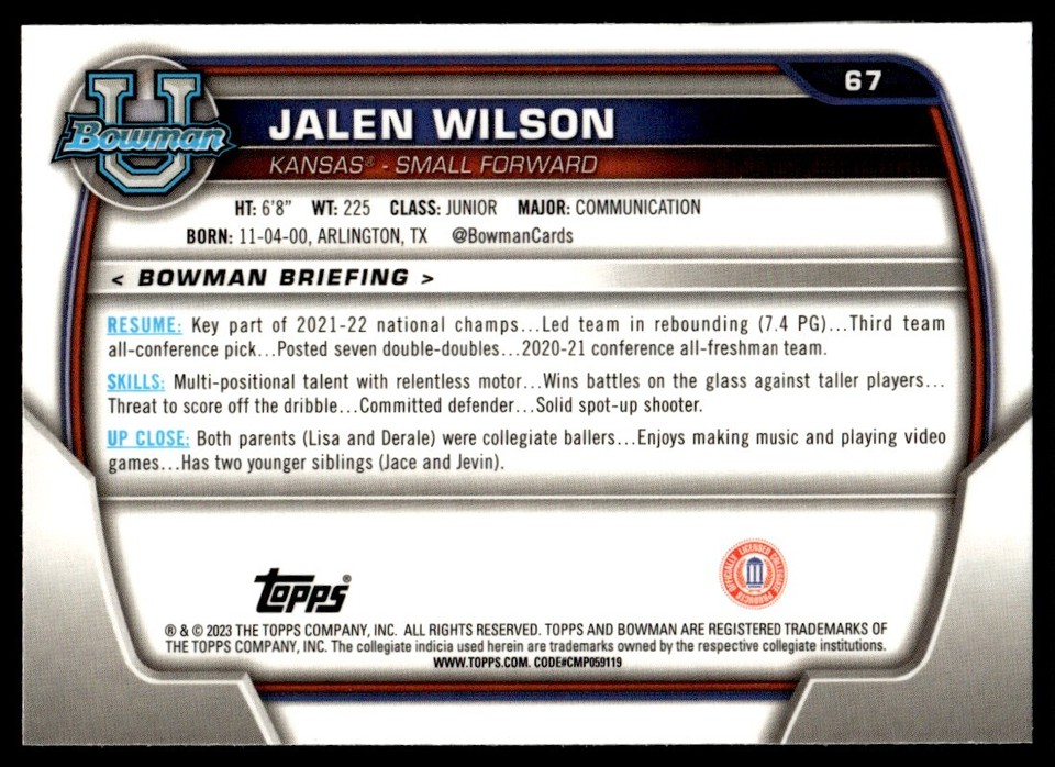 202223 Bowman University Jalen Wilson....... Kansas Jayhawks 67 eBay