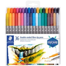 36 Brilliant Colours Staedtler Double Ended Fibre Twin Tip Brush Markers Set