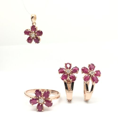 14k Solid Rose Gold Flower Rubies And Diamonds Earrings Ring And Pendant Set - Picture 1 of 12