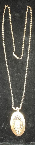 Vintage Ornate 70's Photo Picture Locket Pendant Necklace Gold Tone Filigree 24"