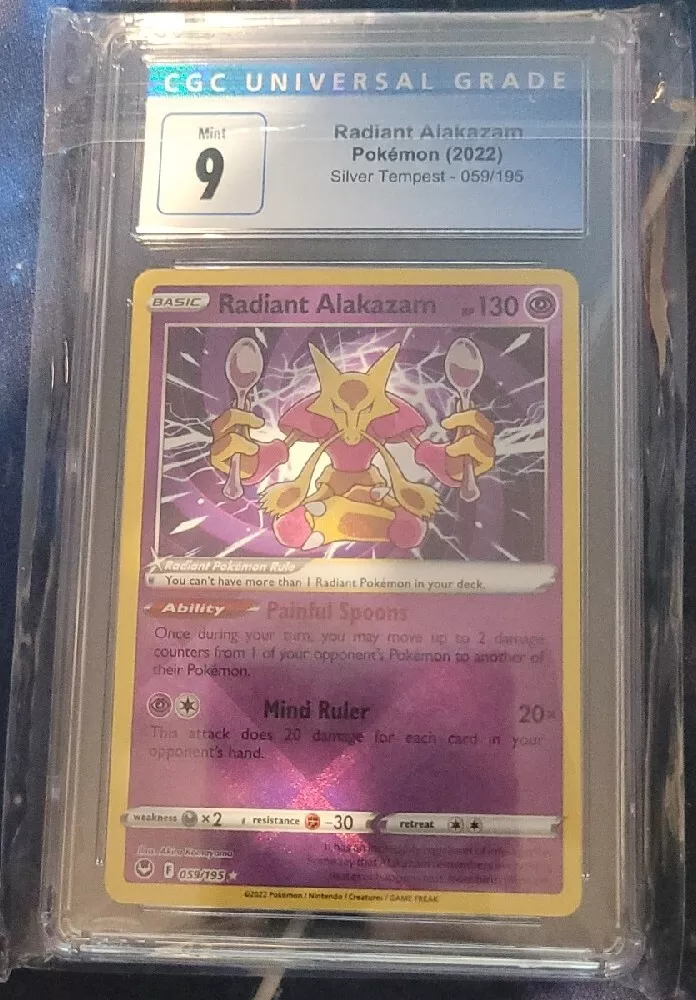 Radiant Alakazam SHINY HOLO RARE card 059/195 SWSH Silver Tempest 2022  Pokemon