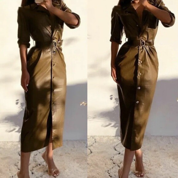 NWT ZARA AW21 KHAKI FAUX LEATHER SHIRT DRESS 3046/271 | eBay NWT ZARA AW21 KHAKI FAUX LEATHER SHIRT DRESS 3046/271 | eBay